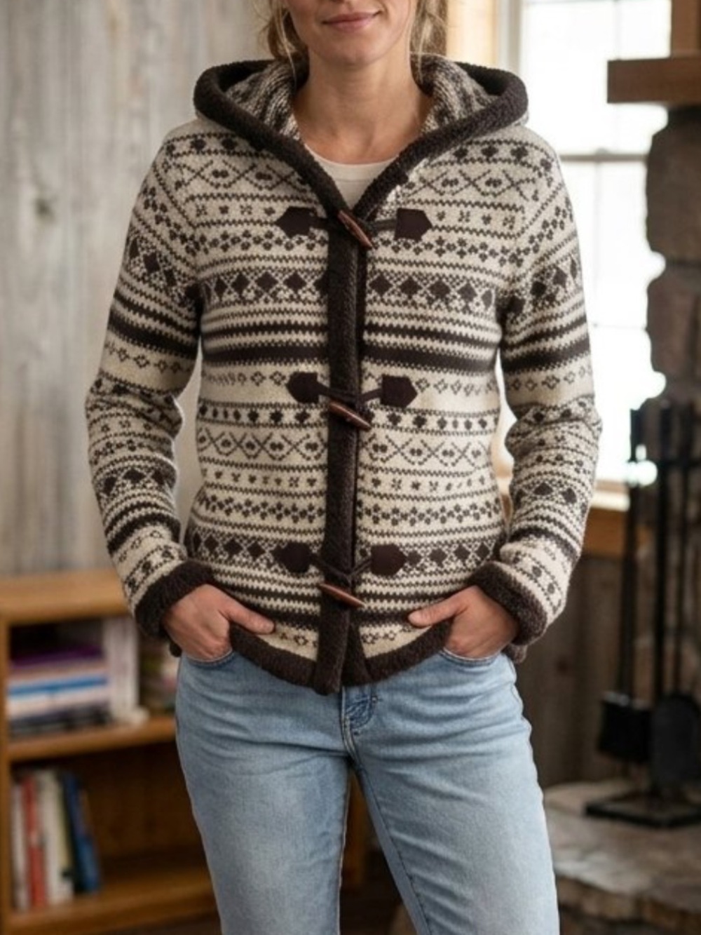 Charter Club Hooded Knit Fair Isle Zipper Sweater Jacket  size small